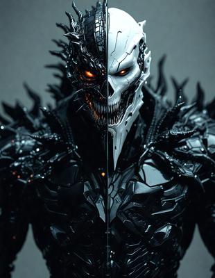 The primary subject of the image is a close-up of a demonic-looking creature with a skull face. The creature is wearing a mask and has a spiky design. The setting is a dark room, and the visual style appears to be a combination of photo and digital art. The dominant colors are black and red, creating a dramatic and intense atmosphere.